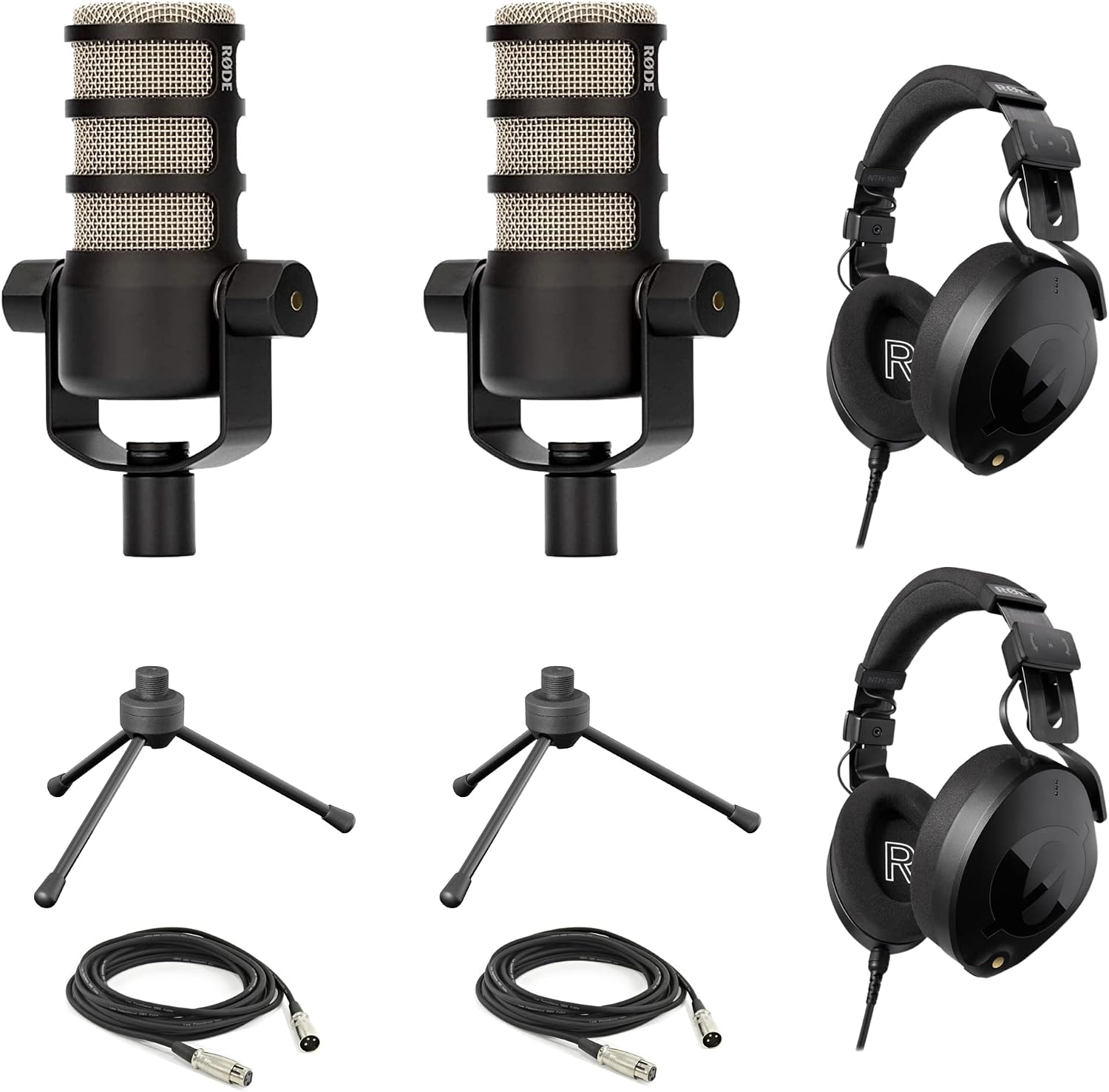 Rode PodMic Dynamic Podcasting Microphones (Pair) with Tripod Desktop Microphone Stands, Rode NTH-100 Professional Closed-Back Over Ear Headphones, XLR Cables and StreamEye Polishing Cloth