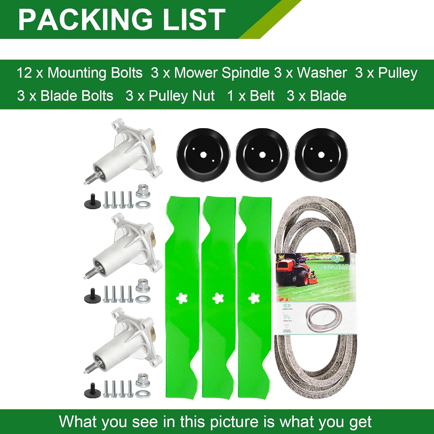 54 Inch Mower Deck Rebuild Kits - Fits Husqvarna LGT24K54 LGT2554 LGT2654 YTH2454 Poulan Pro PB22H54BF with 54' Deck 3 Spindles (187292) 3 Blades (187254/187256) 3 Pulley (153535) 1 Belt (21546382)