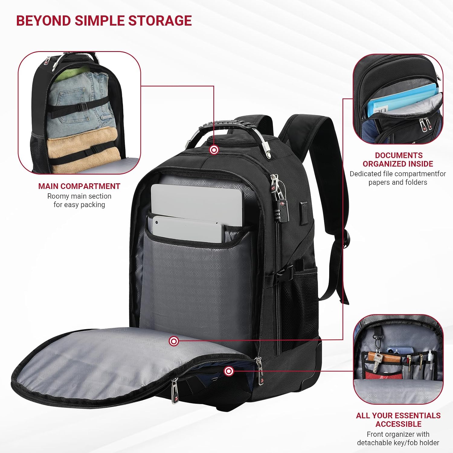 star cloud Rolling Backpack with Wheels, USB & Type-C Charging Port, 21x14x9 Water Resistant Wheeled Backpack, 17.3' Roller Laptop Backpack, Carry On Luggage for Business Travel College Work Bag