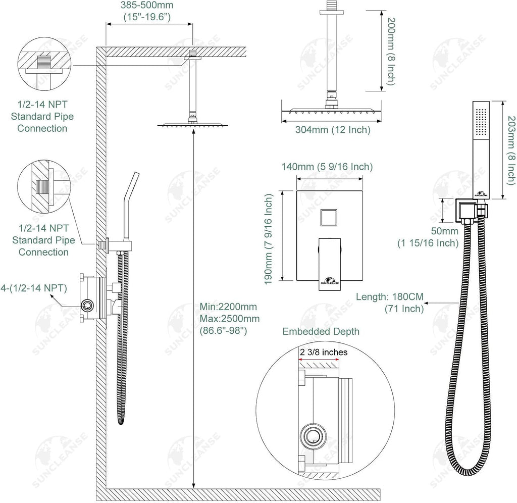 SunCleanse Rainfall Shower Faucet Set Brushed Gold Shower Combo Set for Bathroom with High Pressure 10 inch Shower Head with Handheld Shower Valves Shower Head and Handheld Ceiling Mounted