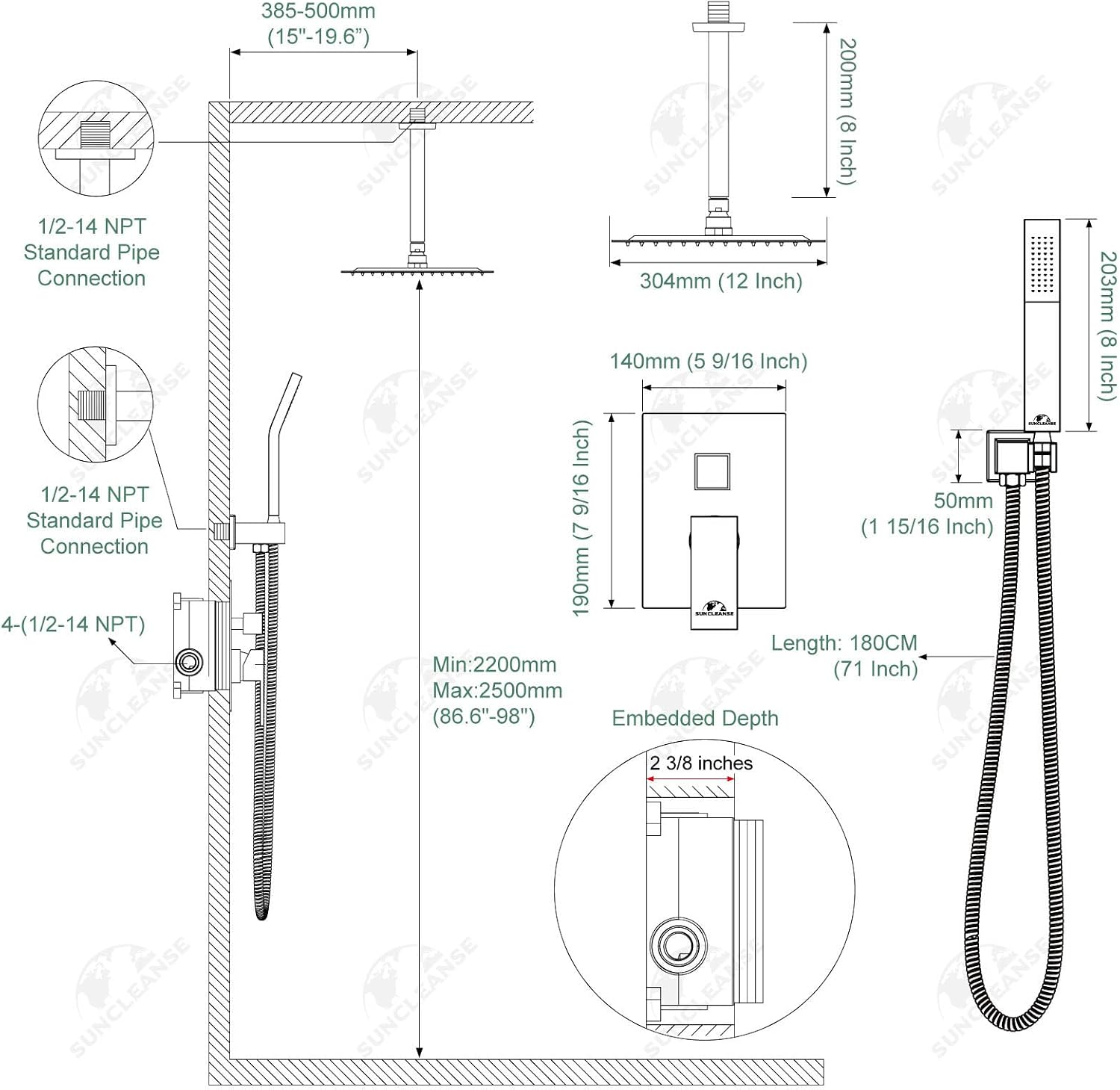 SunCleanse Rainfall Shower Faucet Set Brushed Gold Shower Combo Set for Bathroom with High Pressure 10 inch Shower Head with Handheld Shower Valves Shower Head and Handheld Ceiling Mounted