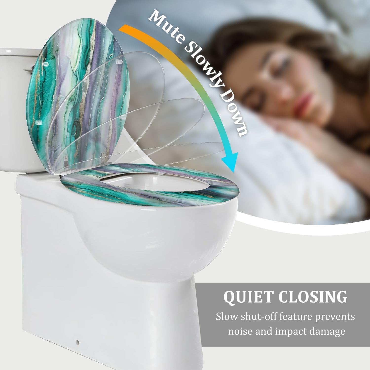 Round Toilet Seat Luxury abstract fluid art technique Transparent vertical layers green Resin Toilet Seat Quietly Close Quick Release Hinges Decorative Toilet Seat with Cover Easy to Install, Style 1