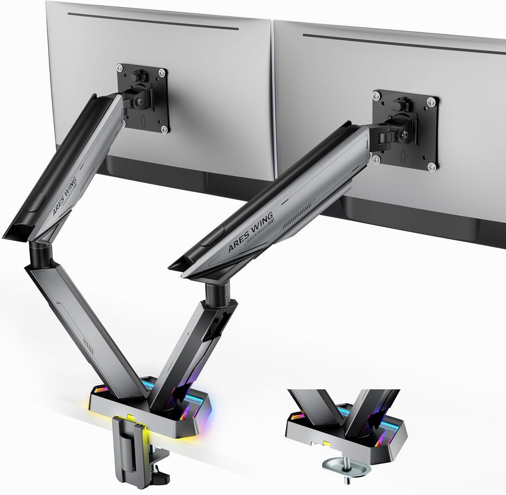 ARES WING RGB Dual Monitor Arm for 17-38' Ultrawide Screens, Holds 35.2lbs, Heavy Duty Dual Monitor Stand for Desk, Adjustable Double Mount with Clamp & Grommet Base, 75/100 VESA Mount, Gray