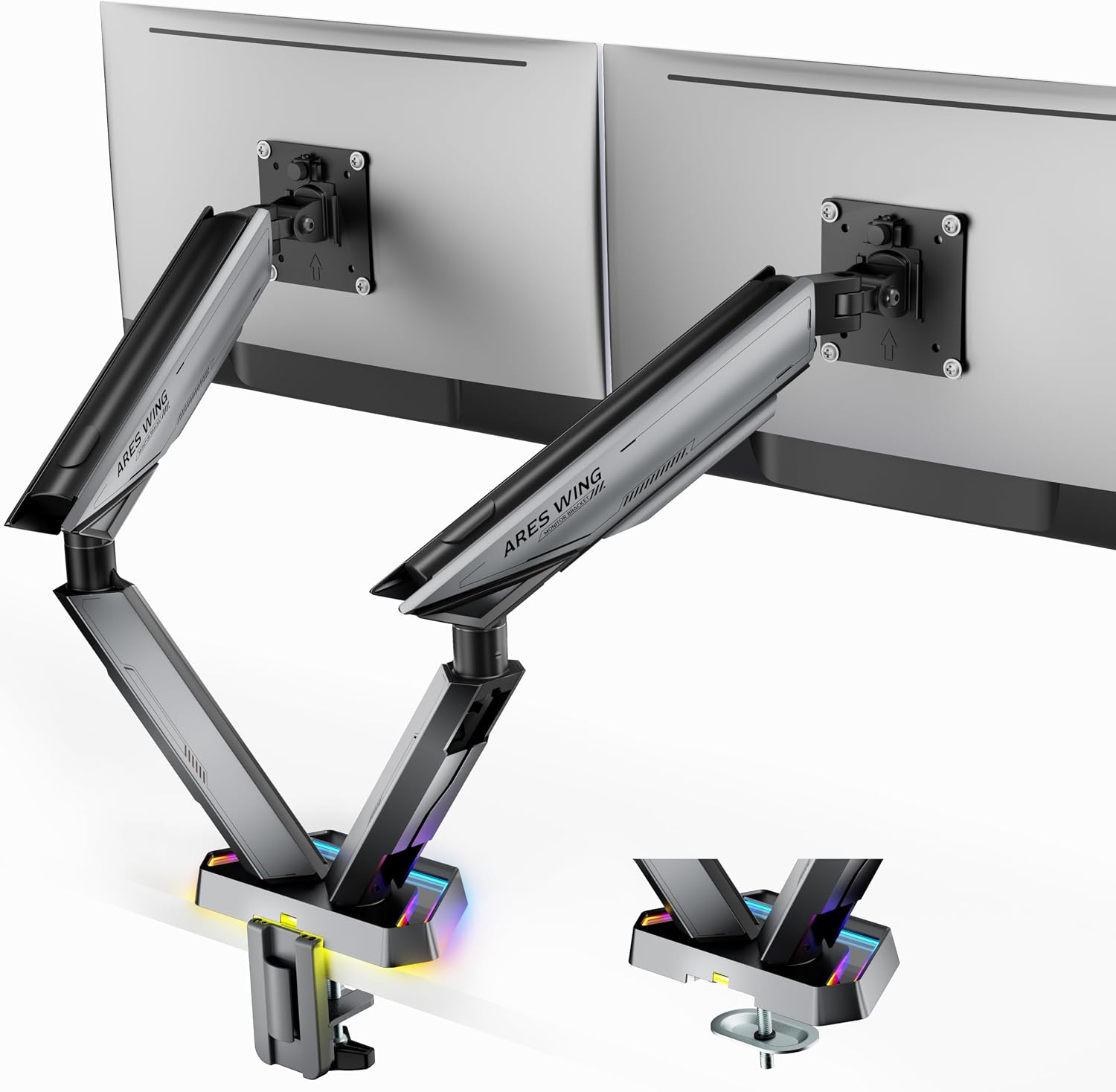 ARES WING RGB Dual Monitor Arm for 17-38' Ultrawide Screens, Holds 35.2lbs, Heavy Duty Dual Monitor Stand for Desk, Adjustable Double Mount with Clamp & Grommet Base, 75/100 VESA Mount, Gray