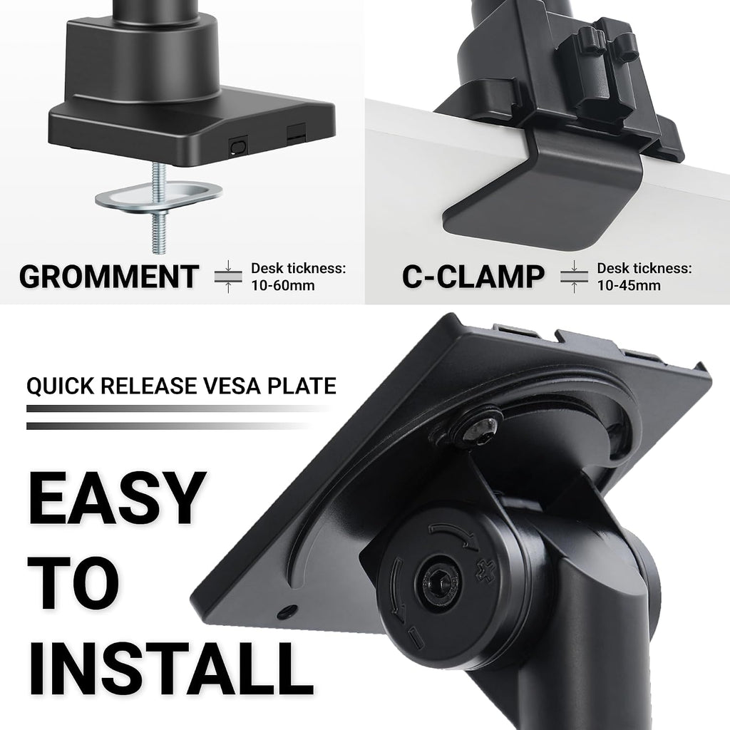 Hexcal Heavy Duty Monitor Arm for 57' Ultrawide Screens, Support up to 59.4 lbs, Full Motion Desk Mount with Quick Release VESA (75/100/200mm), C-Clamp & Grommet Base, Space-Saving Design