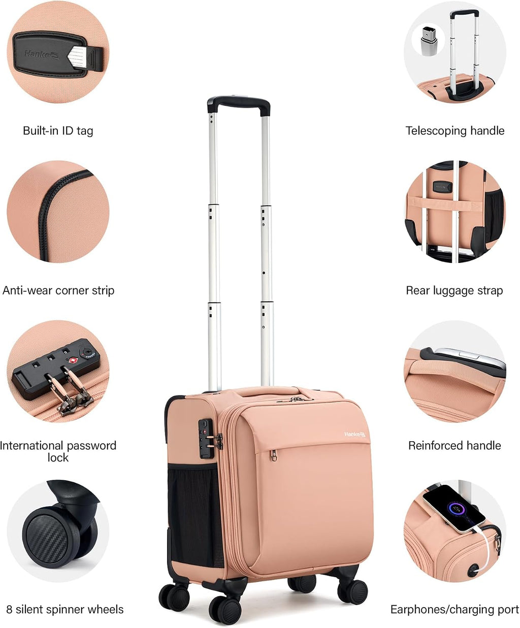 Hanke 16 Inch Underseat Carry On Luggage with Wheels Small Suitcase Softside Luggage Bags for Travel Lightweight Suitcases with Wheels Travel Luggage Personal Item for Men and Women(Pink)