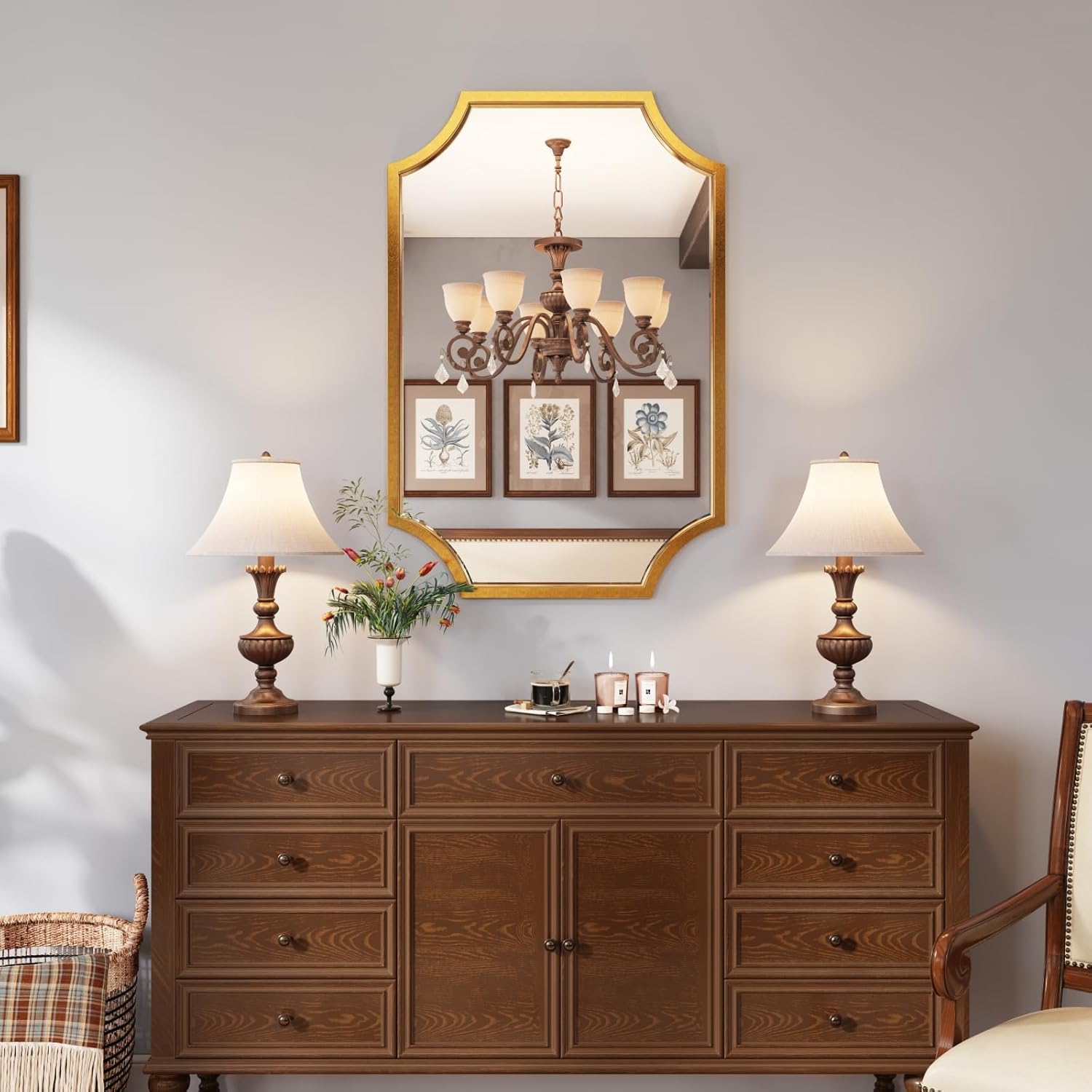 Kelly Miller 24'x36' Gold Foil Metal Scalloped Decorative Wall Mirror | Elegant beveled vanity mirror with wavy edges. Perfect metal frame wall mirror for living room, bathroom & entryway.