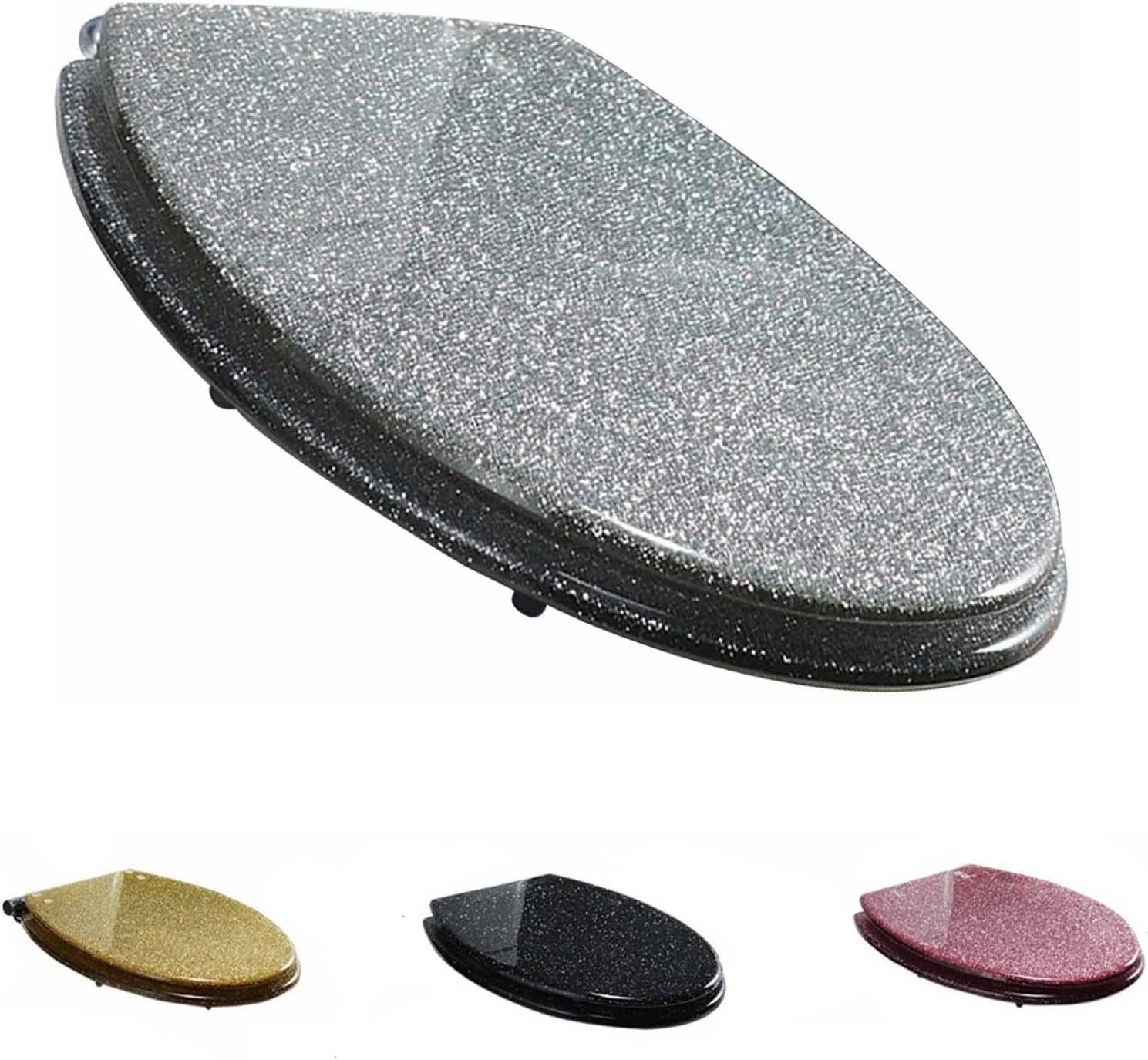 Glitter Soft Close Toilet Seat with Quick Release, Adjustable Hinges, Easy Installation, Oval, Gold/Silver