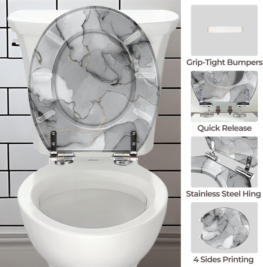 Round Toilet Seat Grey Marble Watercolor Stone Silver Alcohol Ink Gold Marble Resin Toilet Seat with Quietly Close Quick Release Hinges Decorative Toilet Seat with Cover Easy to Clean and Install