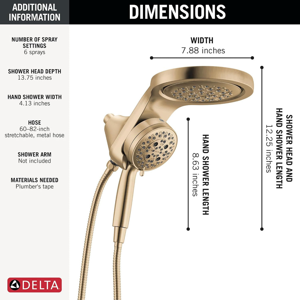 Delta 6-Setting HydroRain Premium 2-in-1 Dual Shower Head with ProClean Spray, Gold High Pressure Shower Head with Handheld Spray, 1.75 GPM Flow Rate, Lumicoat Champagne Bronze 56000-CZ-PR25