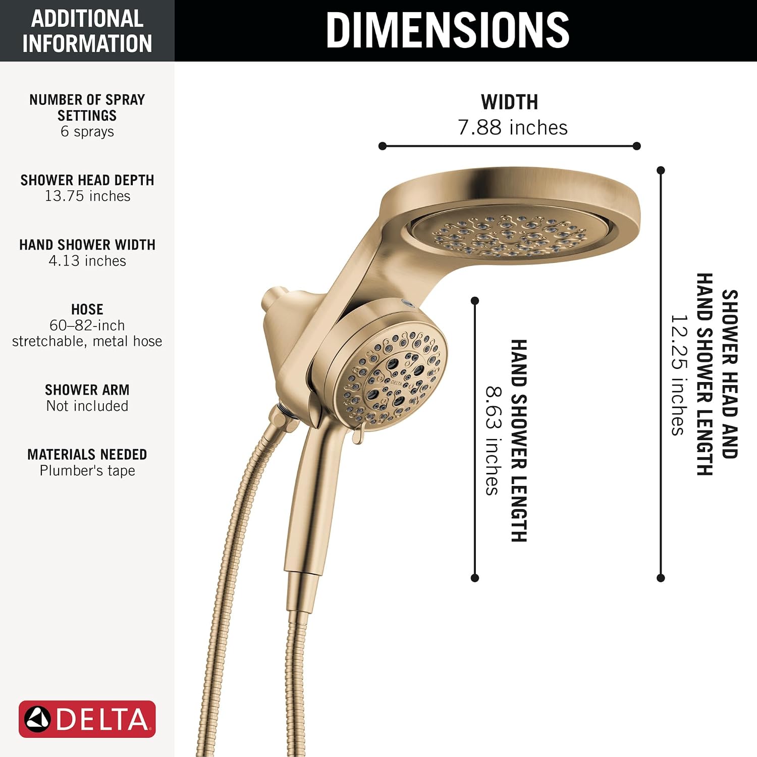 Delta 6-Setting HydroRain Premium 2-in-1 Dual Shower Head with ProClean Spray, Gold High Pressure Shower Head with Handheld Spray, 1.75 GPM Flow Rate, Lumicoat Champagne Bronze 56000-CZ-PR25