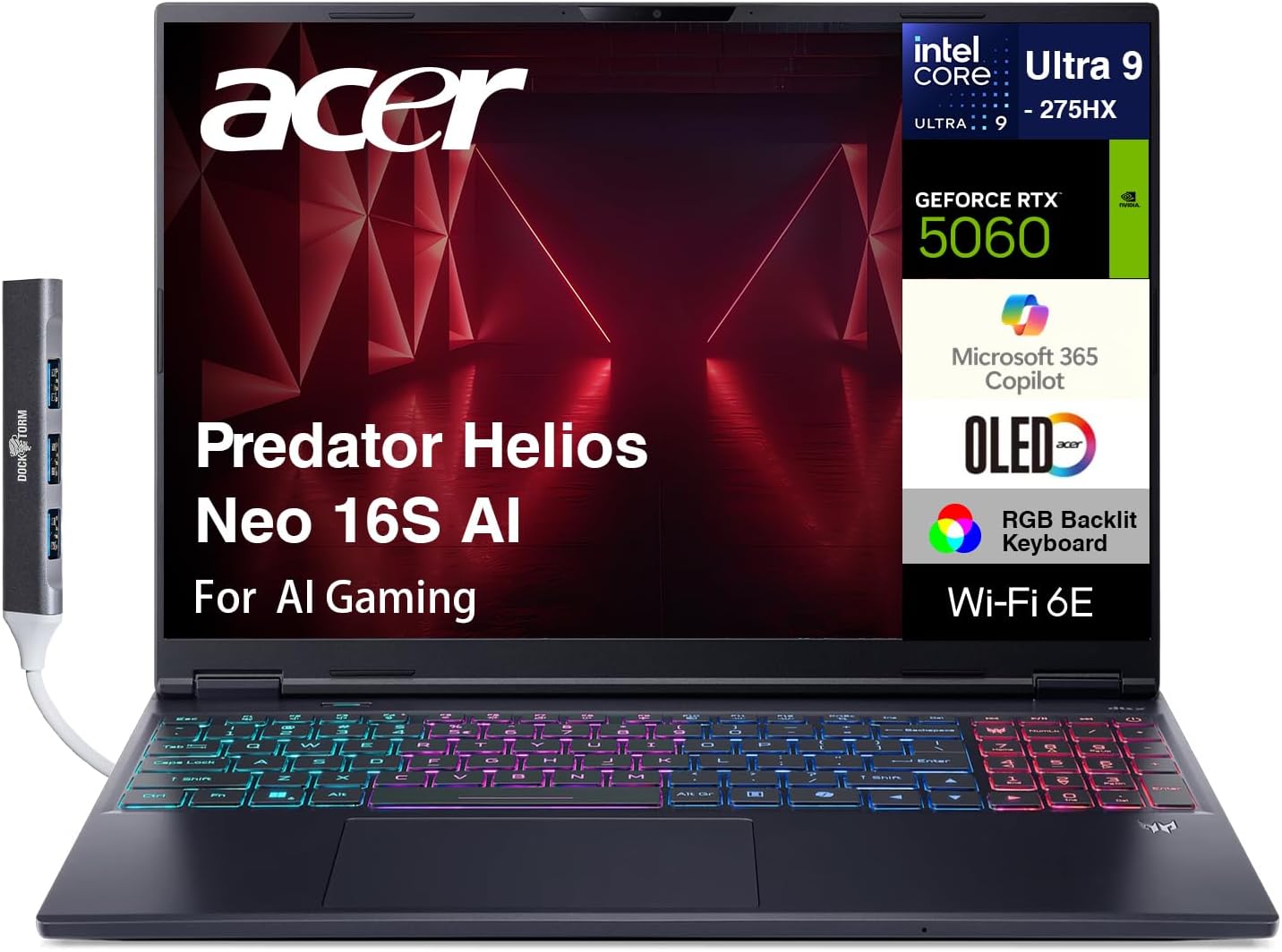 acer Predator Helios Neo 16S AI Gaming Laptop 16.0' 240Hz OLED WQXGA (Intel Ultra 9-275HX, GeForce RTX 5060 8GB, 64GB DDR5, 1TB PCIe SSD, Thunderbolt 4, Copilot, Win 11 Pro) w/Dockztorm Hub