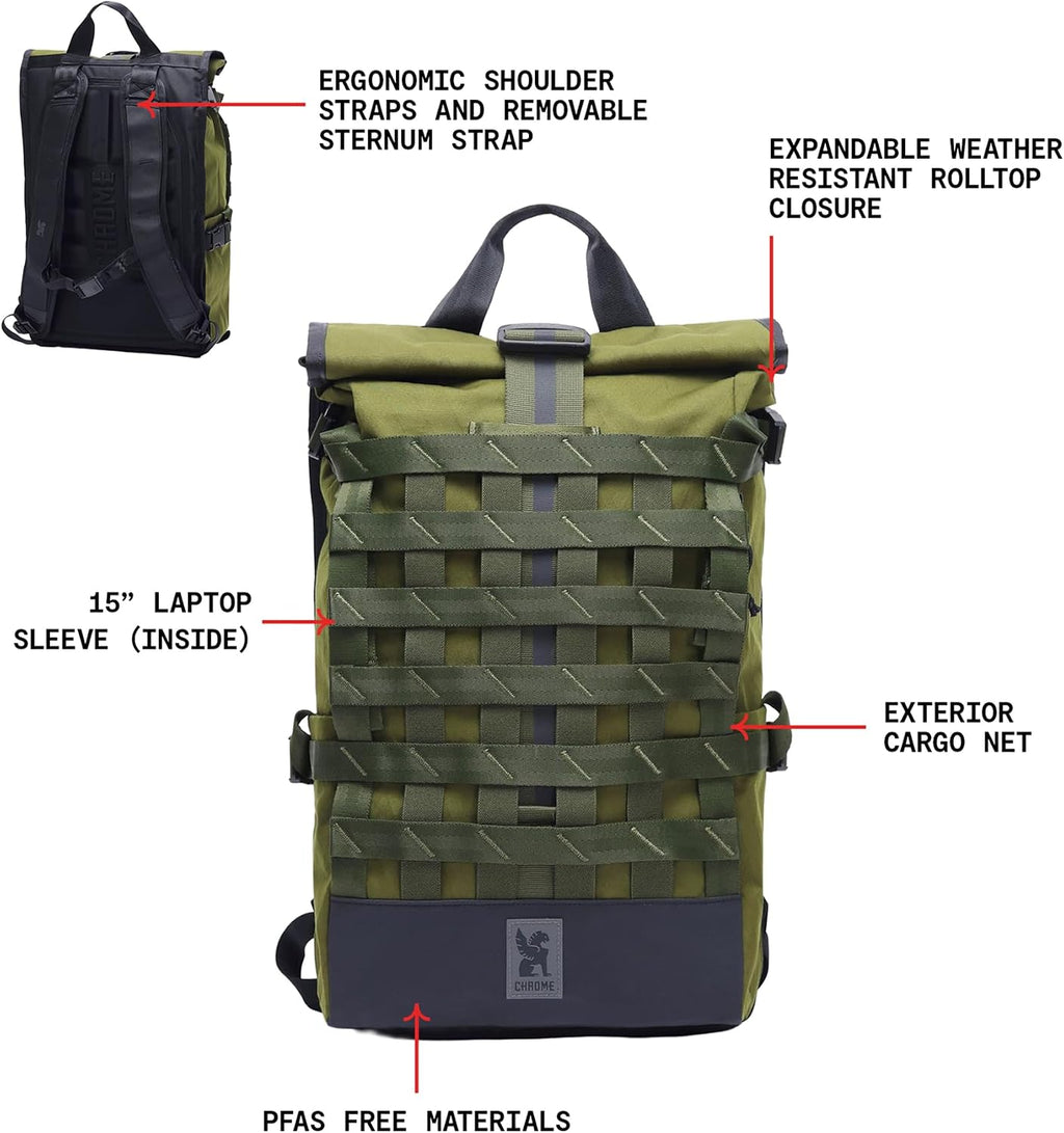 Chrome Industries Barrage 22L Moss X Roll-Top Backpack – Water Resistant Bag for Work, School, Travel – Features Cargo Net & Laptop Pocket
