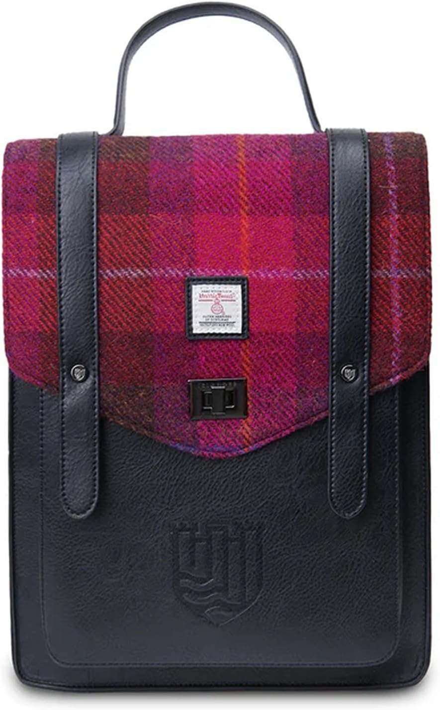 Islander Carloway Backpack for Men & Women, With Laptop Sleeve, Harris Tweed Vegan Leather (Fuchsia Tartan)