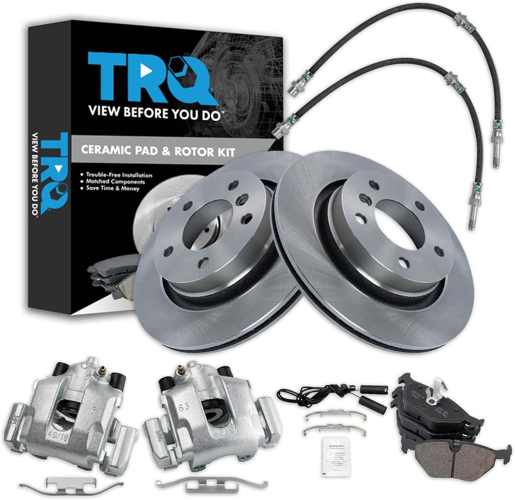 TRQ Rear Brake Pad and Rotor Set Ceramic Rotors Calipers Hoses Compatible with 2000 BMW 323Ci 323i 2001-2003 325Ci 325i