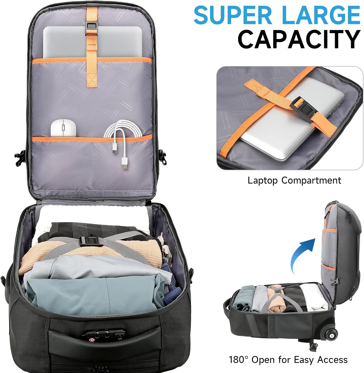 Carry On Backpack,17.3' Travel Backpack with Shoe Compartment,50L Wheeled Backpack Carry On Luggage,Laptop Compartment & USB Charging Port & TSA Approved Lock for Business,Black