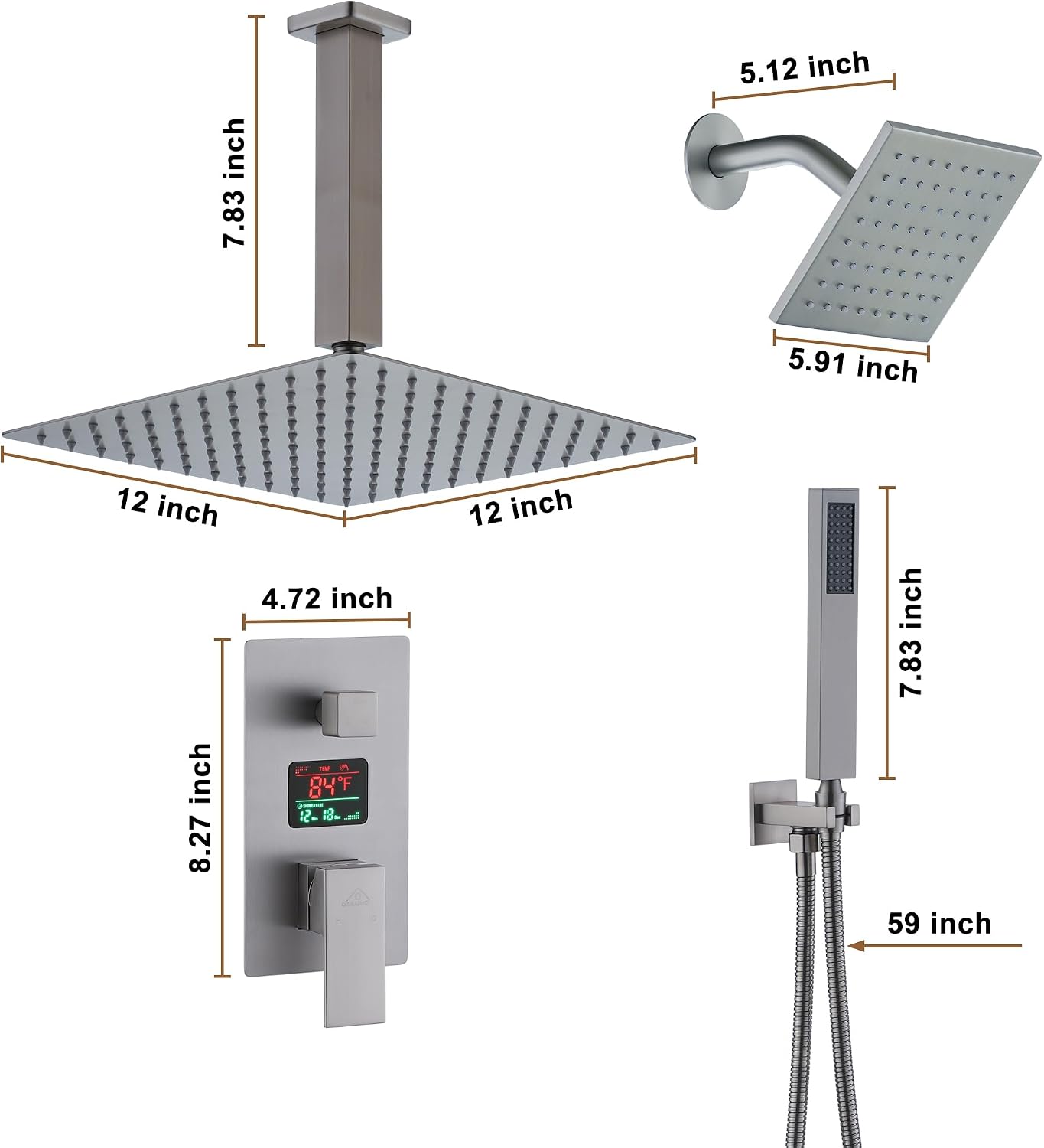 CASAINC Ceiling Mounted Shower System 12 Inch Rain Shower Head with Handheld Spray & 6 Inch Shower Head, Multifunctional Shower Faucet Set with Water Temperature Display (Brushed Nickel)
