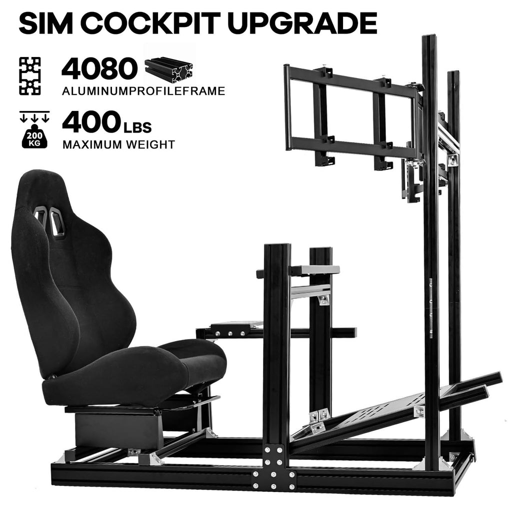 Anman Aluminum Profile Racing Simulator Cockpit with Triple Monitor Mount Black Seat, Fit for Logitech, for Thrustmaster, for Fanatec Direct Drive Steering Wheel,Multi Adjustable Universal cockpit
