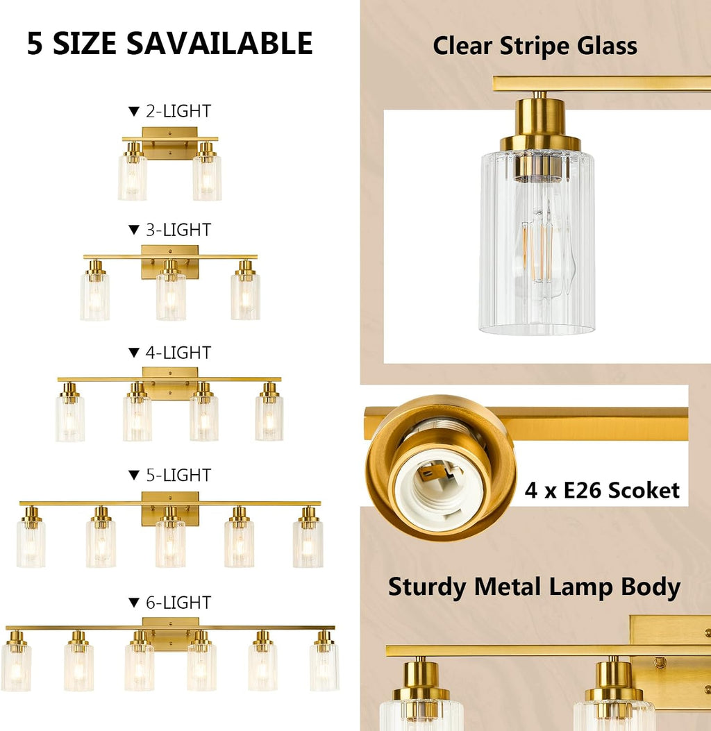 Jonsi Brushed Gold Bathroom Light Fixtures, 4-Light Brushed Gold Vanity Light, Bathroom Vanity Light with Stripe Glass Shade, E26 Wall Sconces Over Mirror for Bathroom, Living Room, Hallway