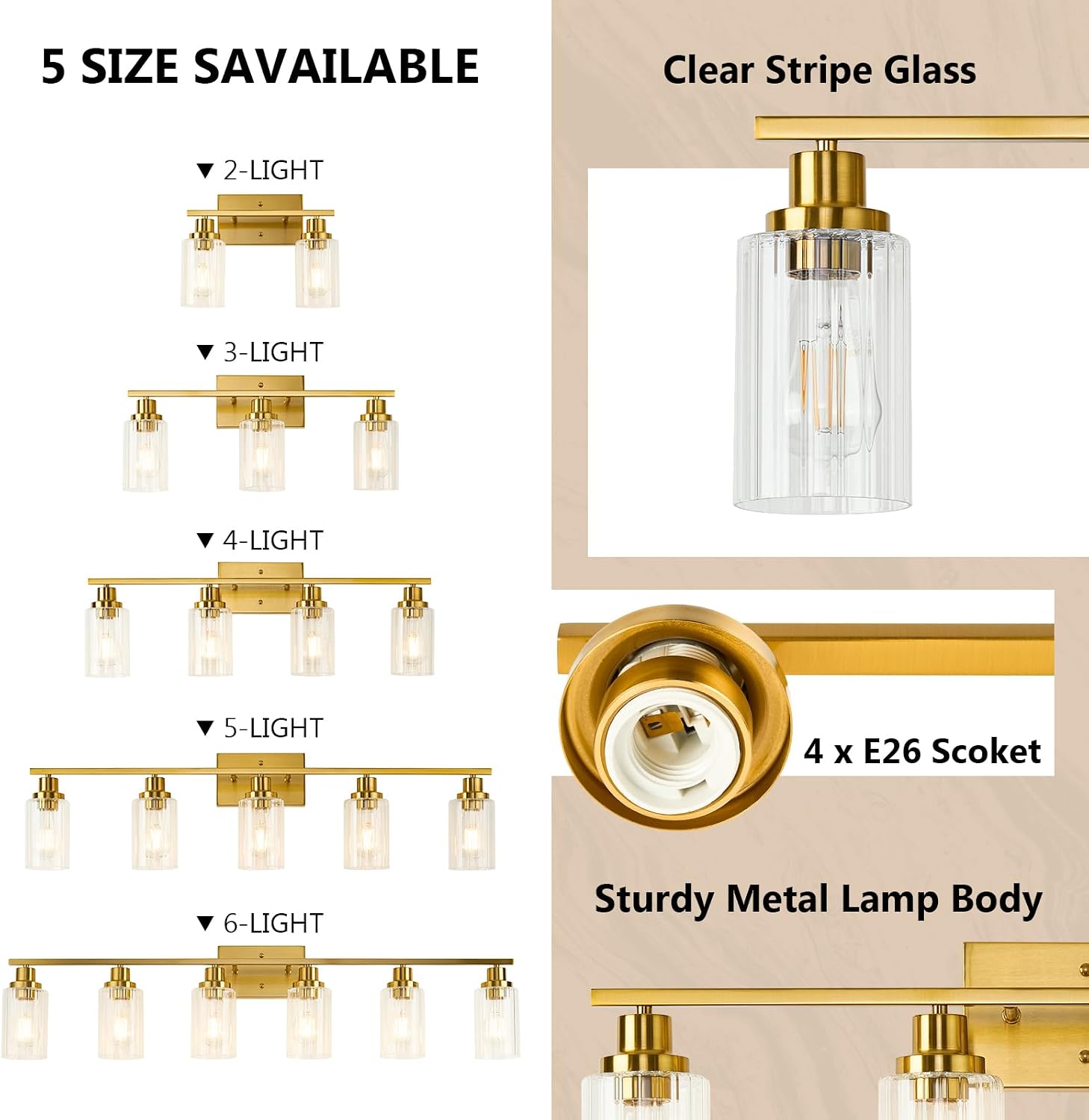 Jonsi Brushed Gold Bathroom Light Fixtures, 4-Light Brushed Gold Vanity Light, Bathroom Vanity Light with Stripe Glass Shade, E26 Wall Sconces Over Mirror for Bathroom, Living Room, Hallway