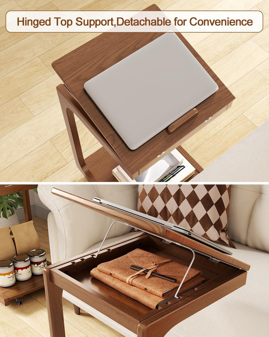 AQIMUELE Wooden C-Shaped End Table,Couch Table with Adjustable Desktop,Small Rolling Side Table with 2 Lockable Wheels,Small End Table for Couch, Living Room,Bedroom (Walnut)