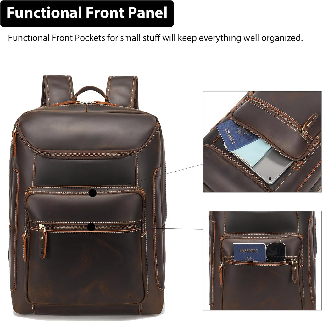 LANNSYNE Full Grain Leather Backpack For Men, 17' Laptop Backpack, Casual Outdoor Business Travel Rucksack, YKK Zippers