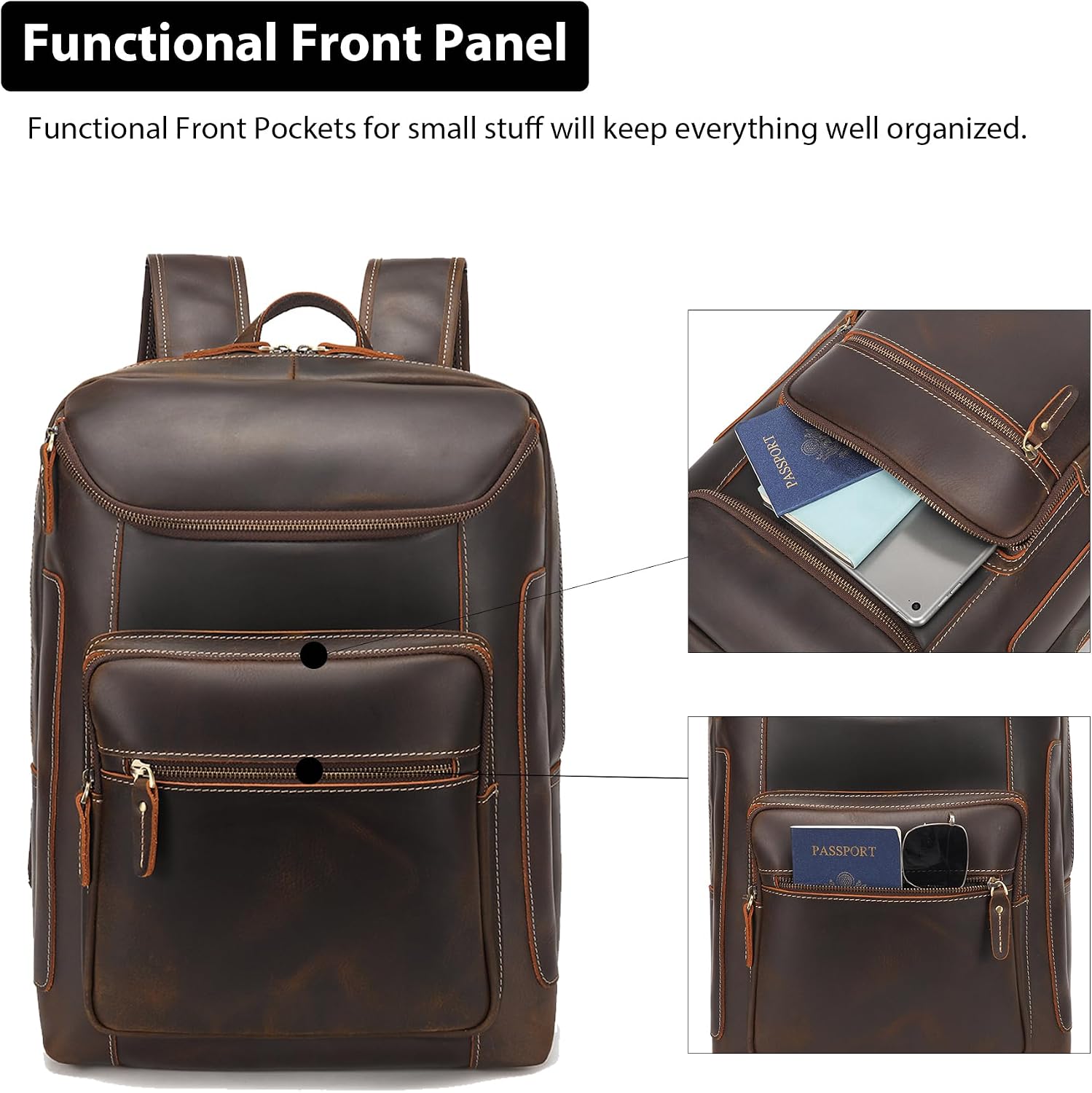 LANNSYNE Full Grain Leather Backpack For Men, 17' Laptop Backpack, Casual Outdoor Business Travel Rucksack, YKK Zippers