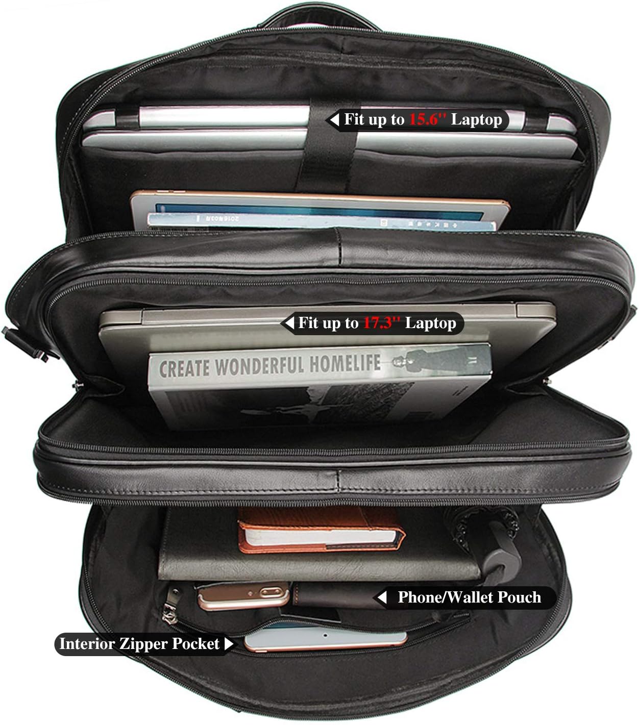 Top Cowhide Leather briefcase for men,17.3 Inch Messenger Bag Laptop Briefcase with YKK Metal Zippers Fit Business Trip