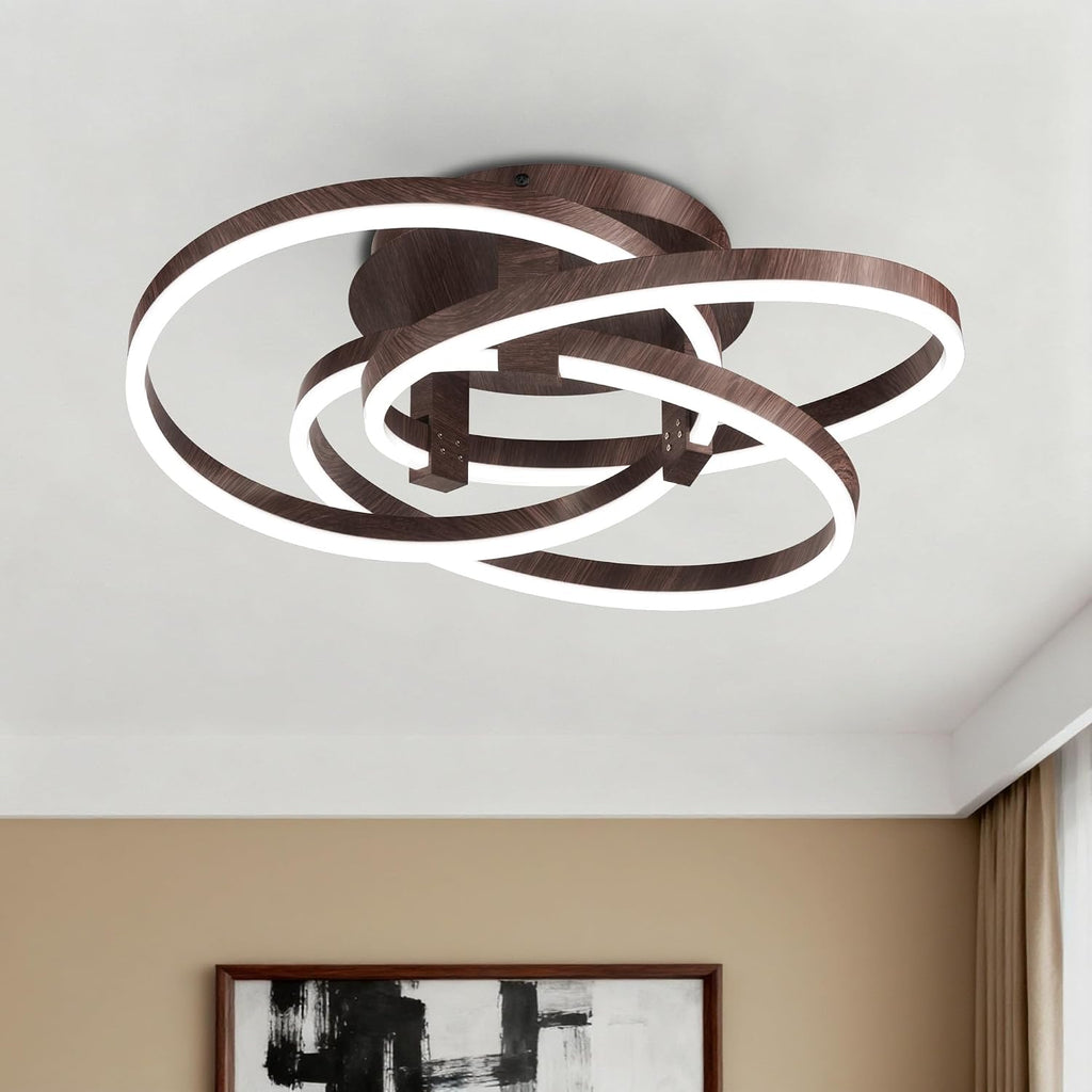 Maxax 23.5' Led Ceiling Light Fixture, Modern 3 Rings Flush Mount Chandelier, Close to Ceiling Lamp for Bedroom Living Room Dining Room Kitchen, ETL Listed, Walnut Color