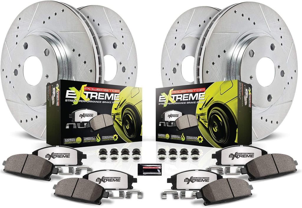 PowerStop Front and Rear Brake Kit for INFINITI Q50 2014-24 | INFINITI Q60 2017-22 - Carbon-Fiber Ceramic Z26 Brake Pads + Drilled & Slotted Rotors Upgrade, K8006-26