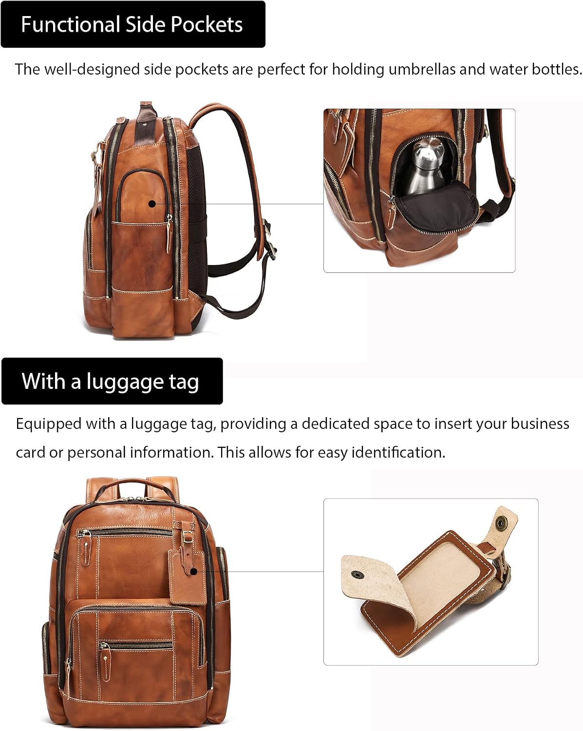 LANNSYNE Vintage Genuine Leather Backpack for Men, 15.6' Laptop Backpack Camping Travel 24L Rucksack