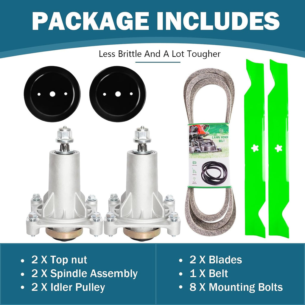 46 Inch Mower Deck Rebuild Kit for AYP Craft sman Husqvarna Pou LAN 2246LS 2346XLS YTA1946 YTA22V46 Includes 2 Spindle 187292, 2 Blade 21546611, 2 Idler 195945, 1 Be lt 21546607