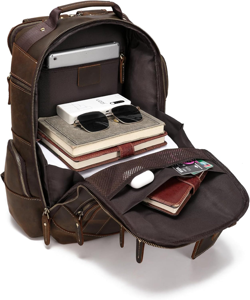LANNSYNE Vintage Genuine Leather Backpack for men, 15.6' Laptop Backpack Travel Camping 24L Rucksack