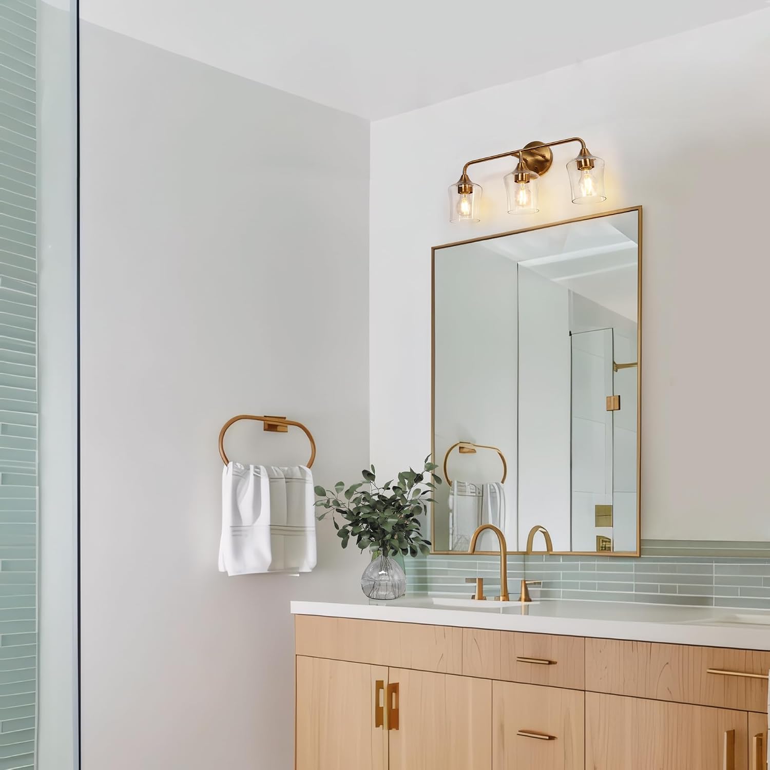 KSANA Gold Bathroom Light Fixture, 3-Light Vanity Light Over Mirror, Modern Glass Wall Sconce with Electroplated Antique Brass Finish