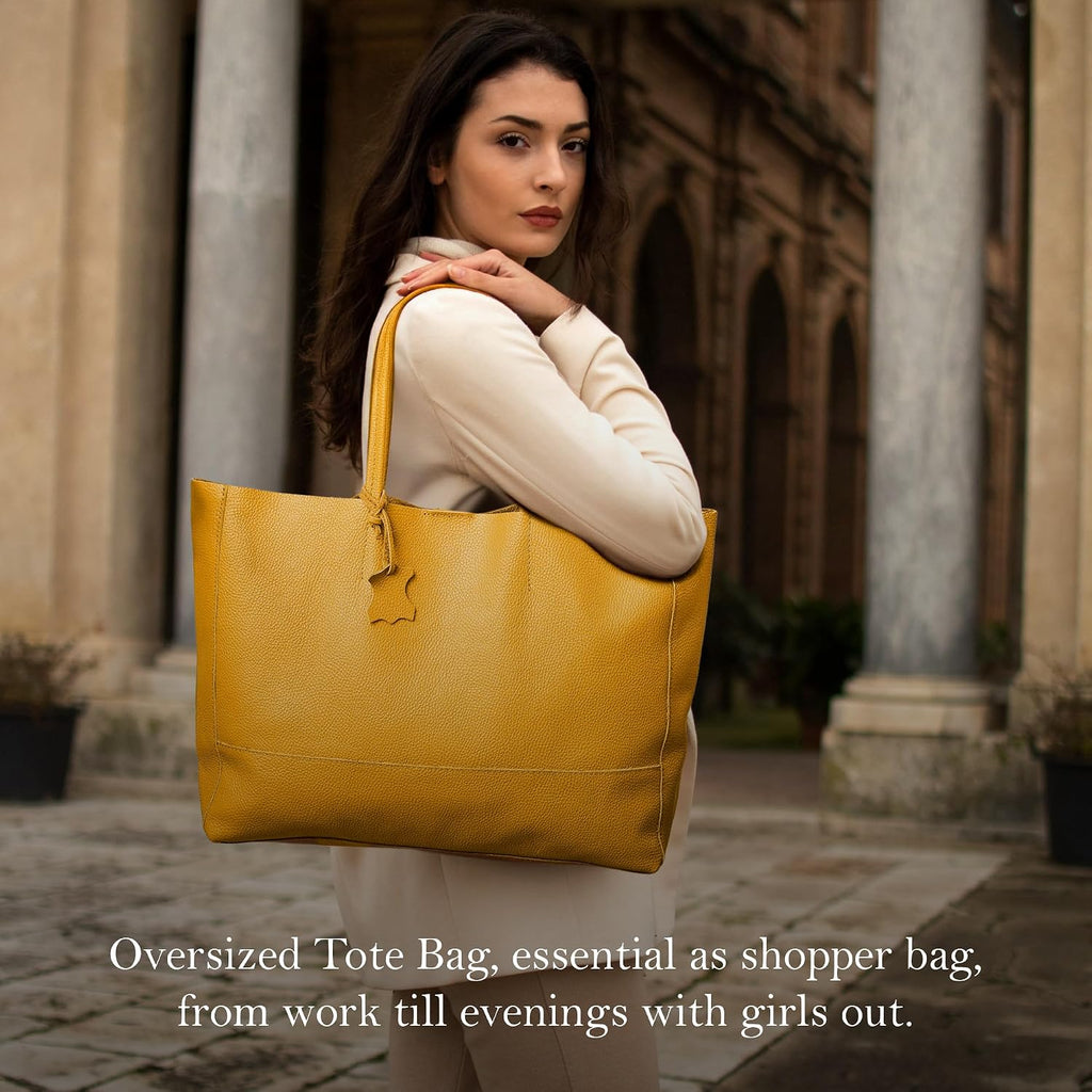 Italian Leather Tote Bag for Women - Large Shoulder Shopper, Fits 16' Laptop, Keychain Holder, Made in Italy