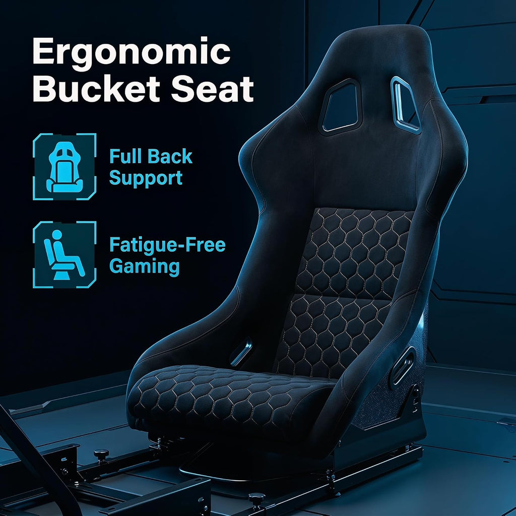 Racing Simulator Cockpit with Monitor Mount and Stronger Fiberglass Back Mesh Fabric Bucket Seat, Racing Wheel Stand Compatible with Fanatec, Thrustmaster, Logitech, Moza Racing Games on PS5, PS4, Xbox and PC