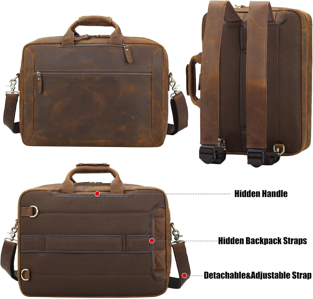 TIDING Leather 15.6' Laptop Backpack Convertible Business Briefcase Crossbody Shoulder Messenger Bag, Brown