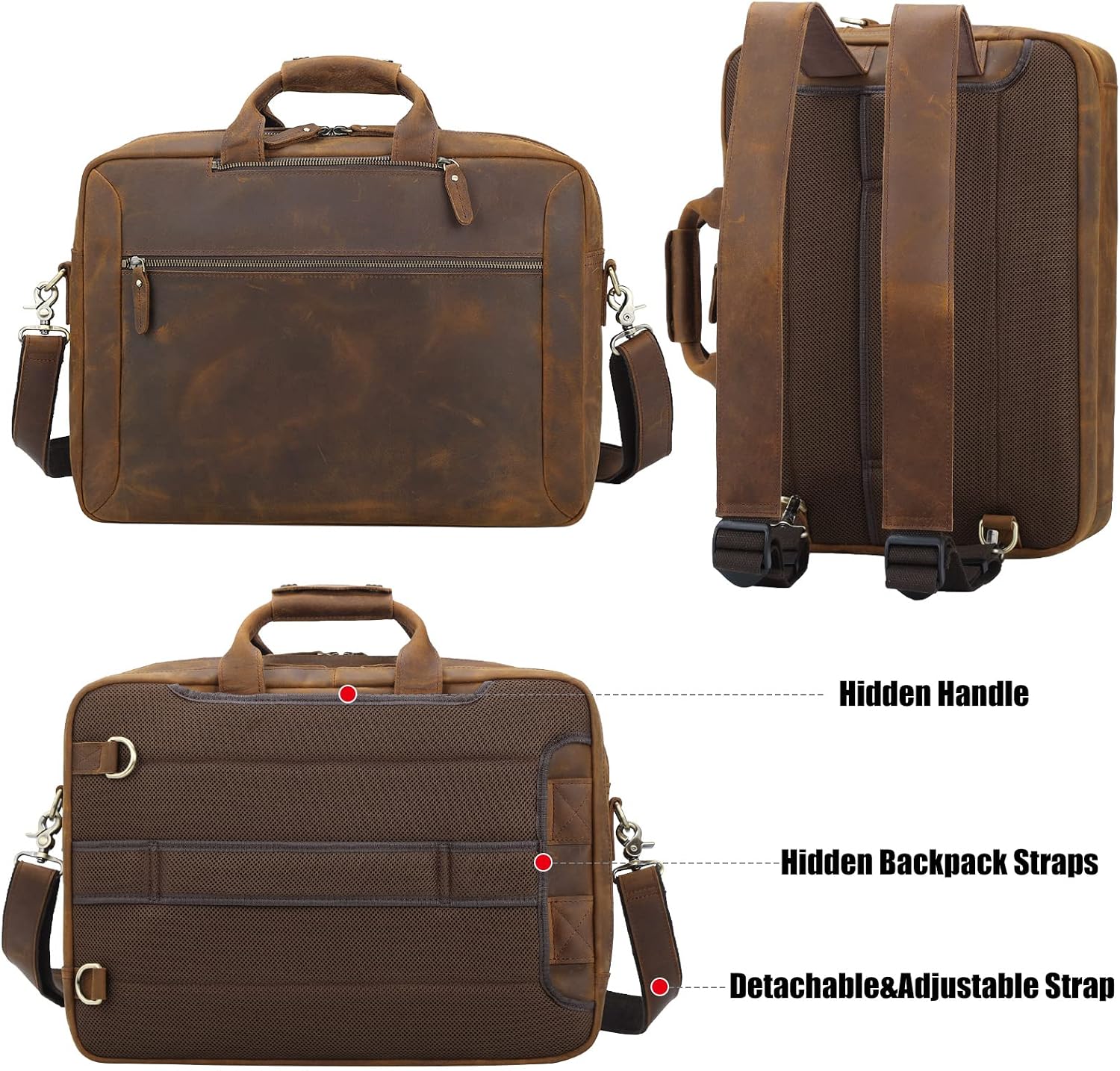 TIDING Leather 15.6' Laptop Backpack Convertible Business Briefcase Crossbody Shoulder Messenger Bag, Brown