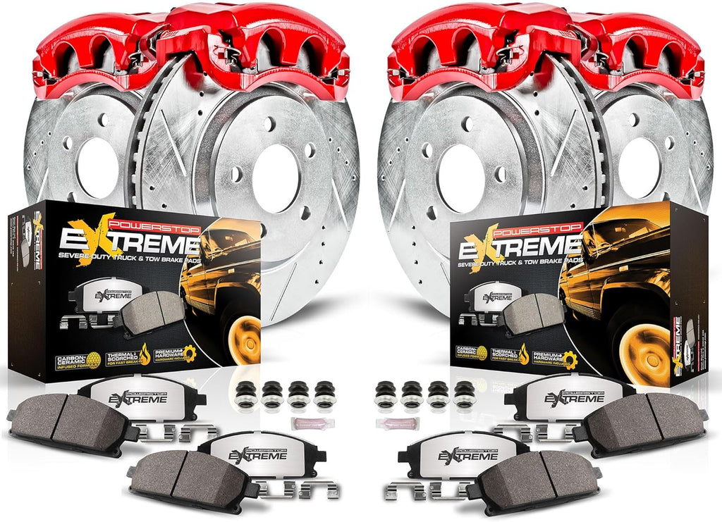 PowerStop Front and Rear Brake & Caliper Kit for Chevrolet Avalanche 2500 2002-04 |Silverado 2500 HD 2001-10 - Drilled & Slotted Disc Rotors + Z36 Brake Pads + Red-Powder Coated Calipers, KC2073-36