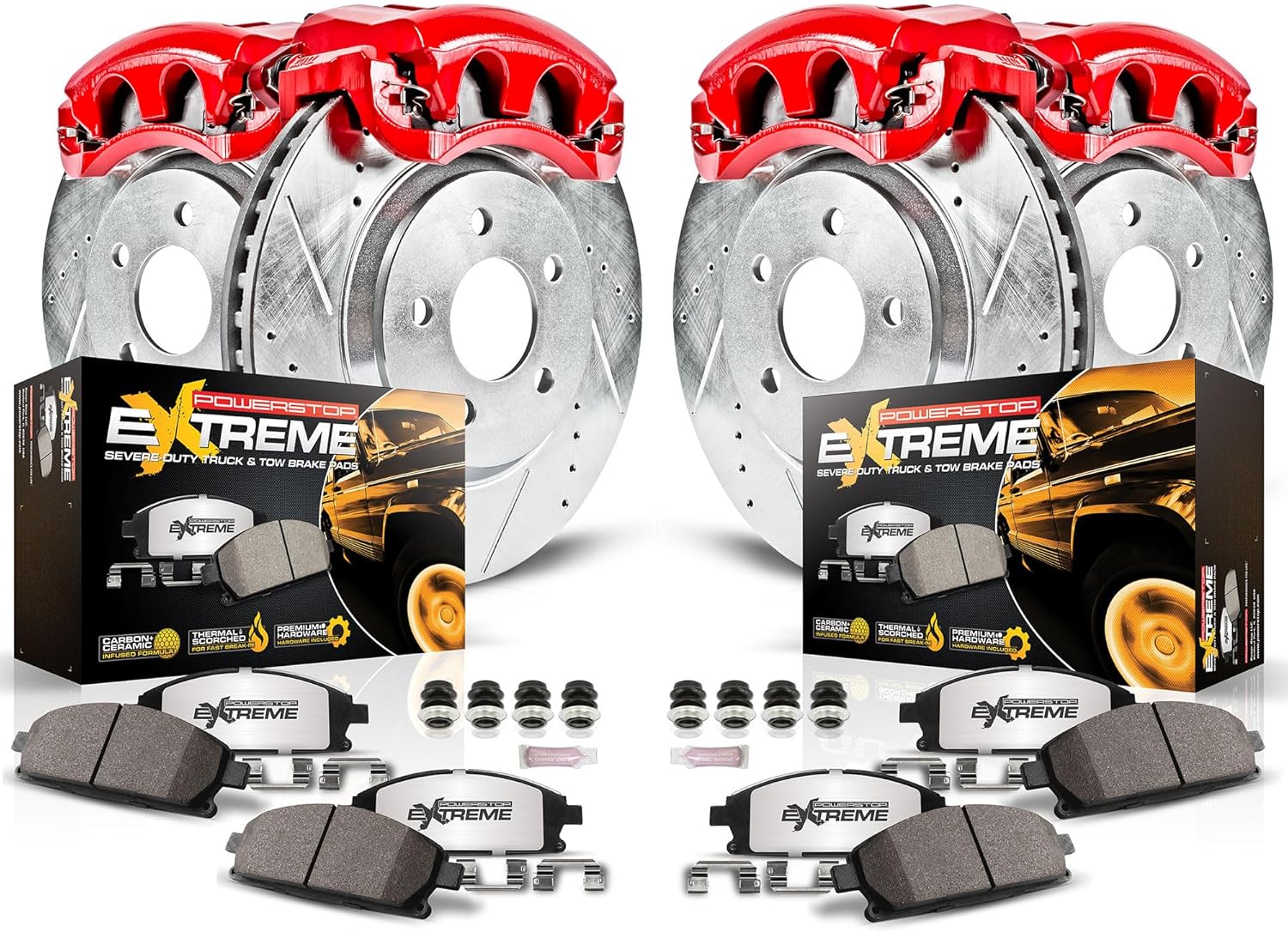 PowerStop Front and Rear Brake & Caliper Kit for Chevrolet Avalanche 2500 2002-04 |Silverado 2500 HD 2001-10 - Drilled & Slotted Disc Rotors + Z36 Brake Pads + Red-Powder Coated Calipers, KC2073-36