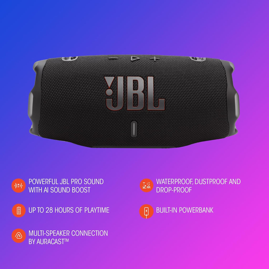 JBL Charge 6 - Portable Waterproof & Drop-Proof Bluetooth Speaker, Bold JBL Pro Sound with AI Sound Boost, 28Hrs of Playtime, Built-in powerbank & Comes with a Sturdy/Removable Carrying Strap (Blue)