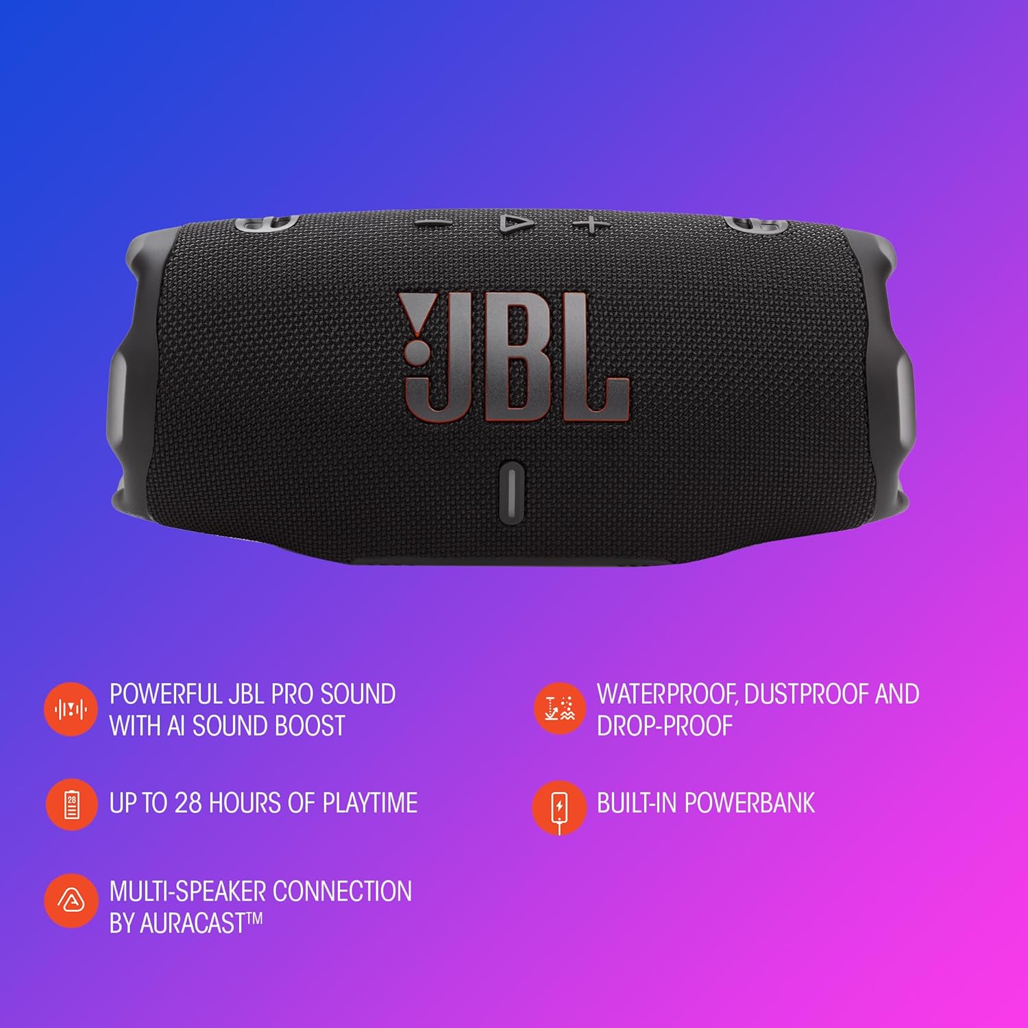 JBL Charge 6 - Portable Waterproof & Drop-Proof Bluetooth Speaker, Bold JBL Pro Sound with AI Boost, 28Hrs of Playtime, Built-in powerbank & Comes with a Sturdy/Removable Carrying Strap (Blue/Teal)