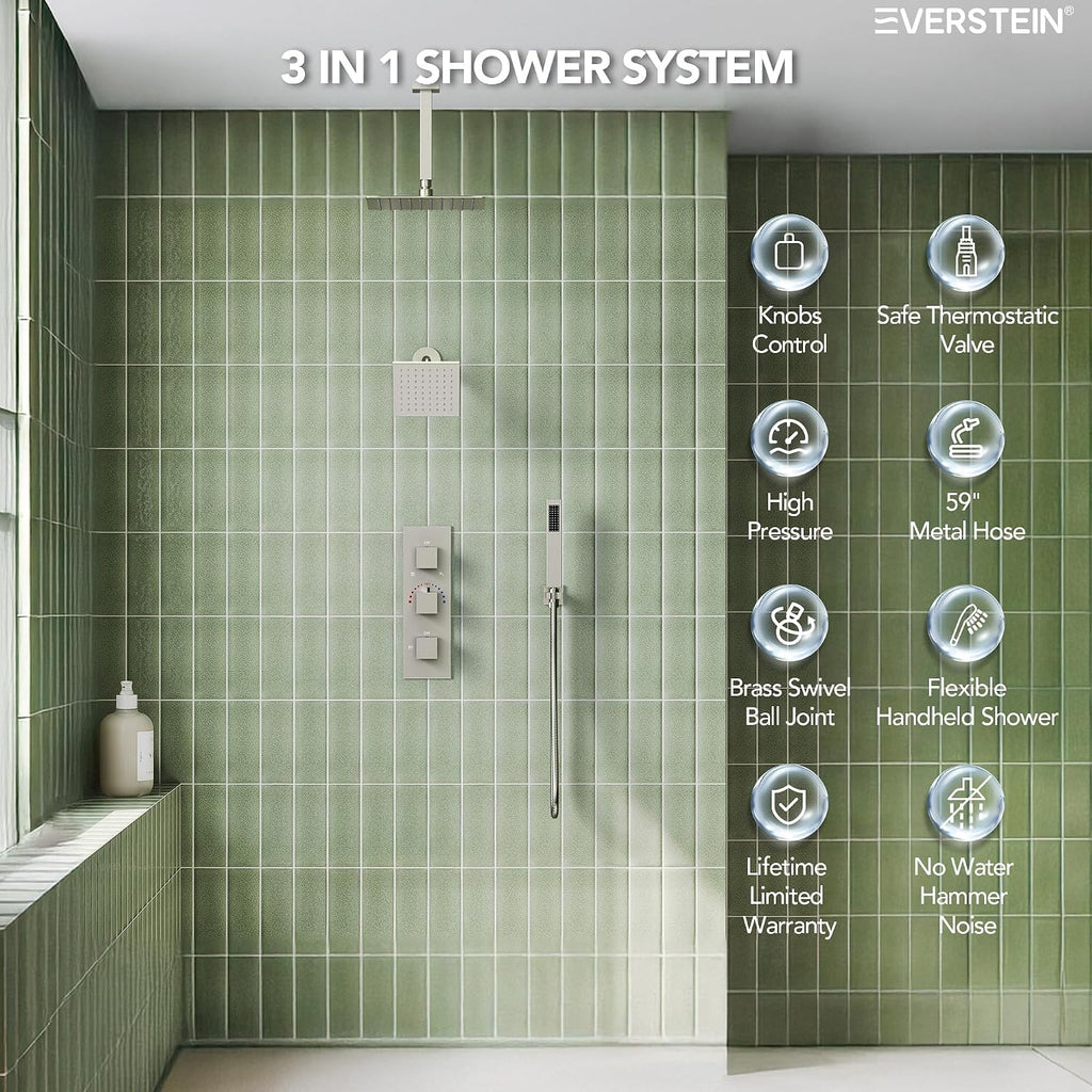 12' Ceiling Mount Dual Rainfall Shower Head System with Handheld Spray, Bathroom Shower Set with Valve (Brushed Nickel)