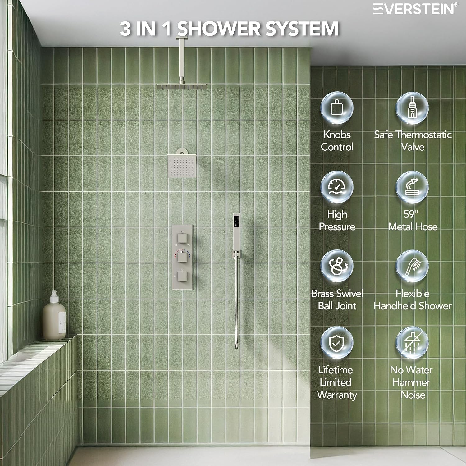 12' Ceiling Mount Dual Rainfall Shower Head System with Handheld Spray, Bathroom Shower Set with Valve (Brushed Nickel)