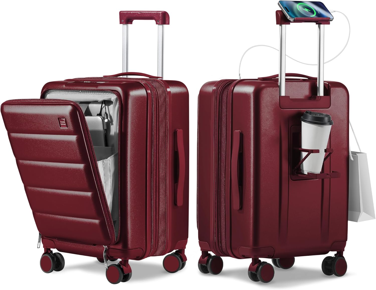 Expandable 20Inch Carry On Luggage Airline Approved - Front Pocket Travel Suitcase 100% PC Unbreakable -with Cup Holder,USB Charge,Side Pothook, 360°Spinner Wheels, TSA Lock-Wine Red