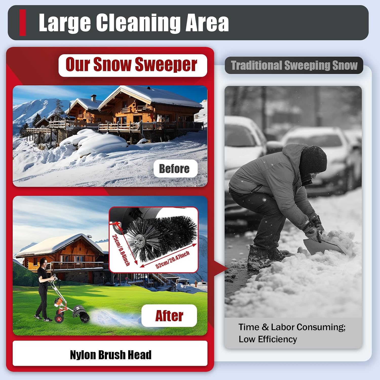 52CC Walk Behind Power Sweeper Broom, 2-Stroke 2.5HP Snow Sweeper Air-Cooled Fuel Engine Snowplow Broom, Outdoor Lawn Sweeper Cleaner Tools for Lawn Leaf Snow Artificial Turf Grass Gravel Cleaning