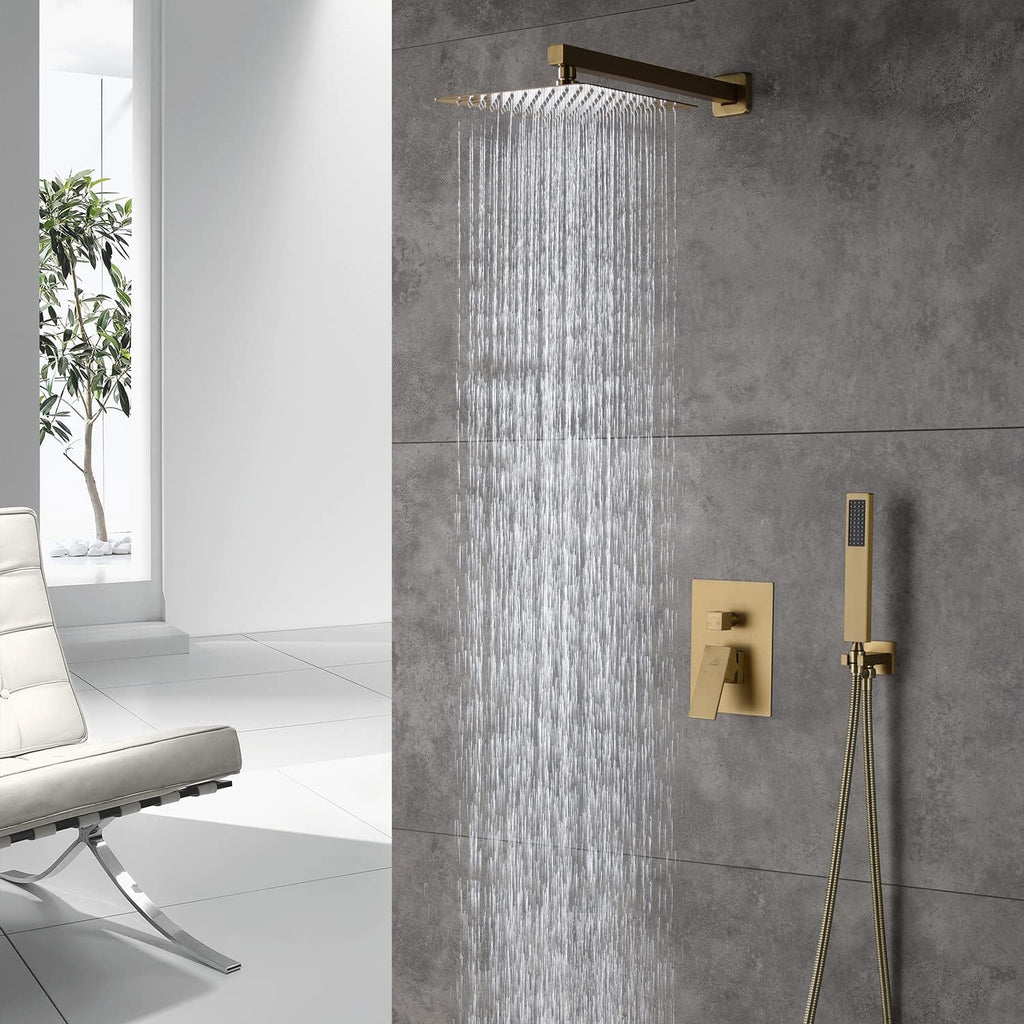 CASAINC 10 Inch Rain Shower Head with Handheld Spray, Wall Mounted Shower Valve and Trim Kit Luxury Shower Faucets Sets Complete Dual Shower Heads Shower System (Brushed Gold)