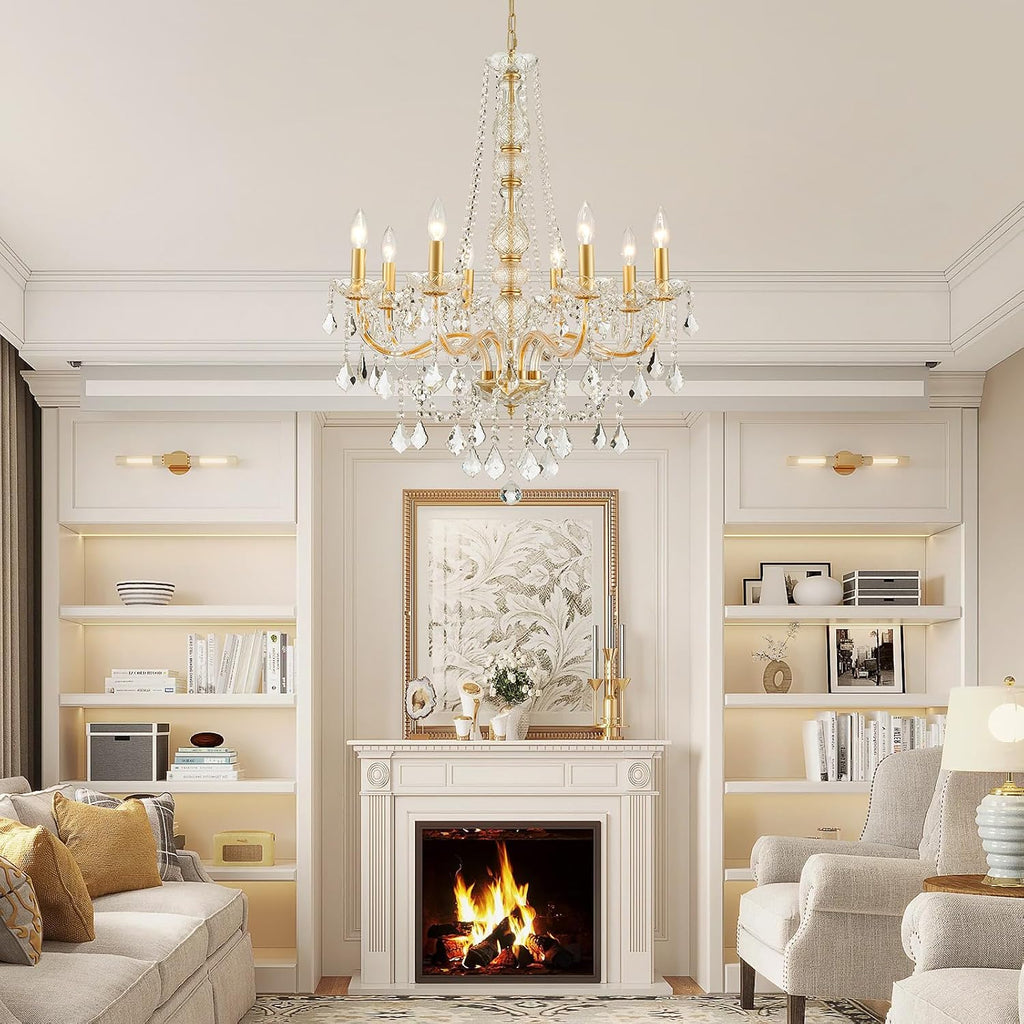 WUZUPS 8-Light Crystal Candle Chandelier Pendant Ceiling Light Modern Lighting Fixture for Bedroom Hallway Bar Kitchen Bathroom, H 35.4' W 27.6', E12 Base, Gold