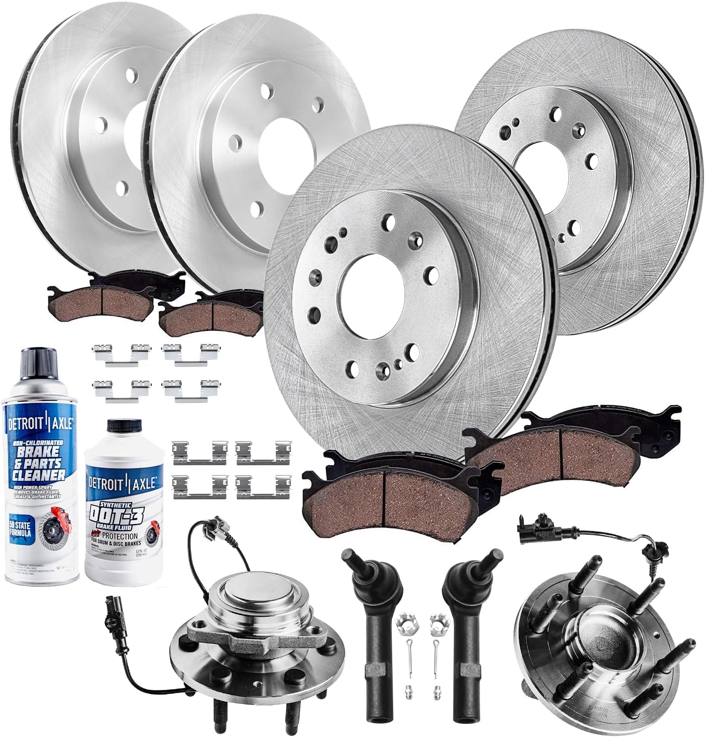 Detroit Axle - RWD Front Brake Kit for Silverado Sierra Yukon XL 1500 GMC Chevy Cadillac Escalade ESV, Outer Tie Rods Wheel Bearing Hubs Front and Rear Disc Brake Rotors Ceramic Brake Pads Replacement