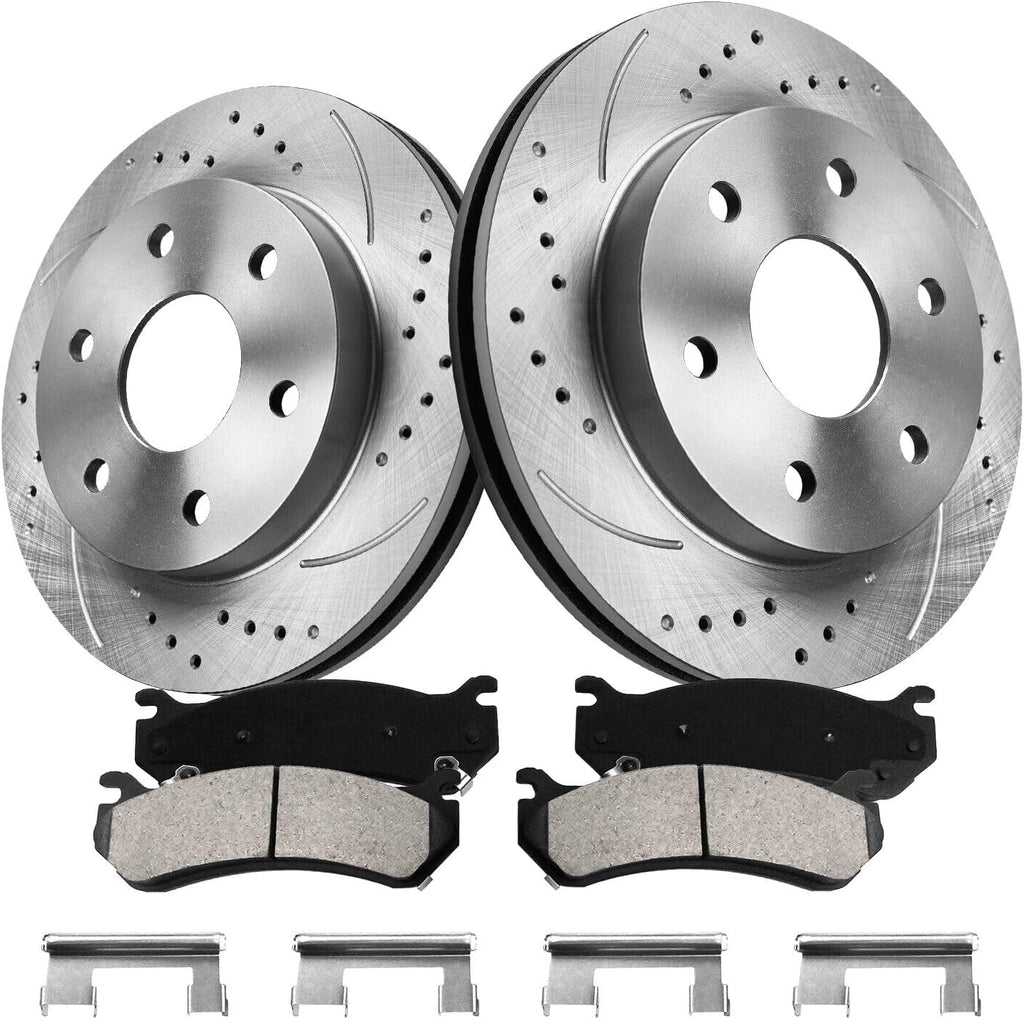 Pair Front Drilled and Slotted Rotors Ceramic Brake Pads for Chevy Silverado 1500 2002-2006, for GMC Sierra 1500 2003-2006, for GMC Yukon 2003-2006 Front Brake Pads and Rotors Kit